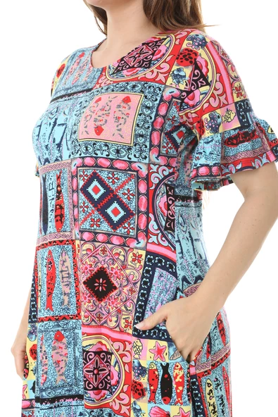 Melsay Butik Kısa Kollu Fırfırlı Cepli Mavi Çini Desenli Midi Elbise - Resim 5