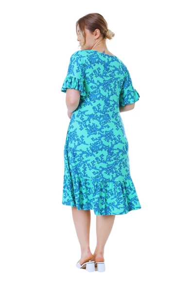 Melsay Butik Kısa Kollu Fırfırlı Cepli Turkuaz Mercan Desenli Midi Elbise - 6