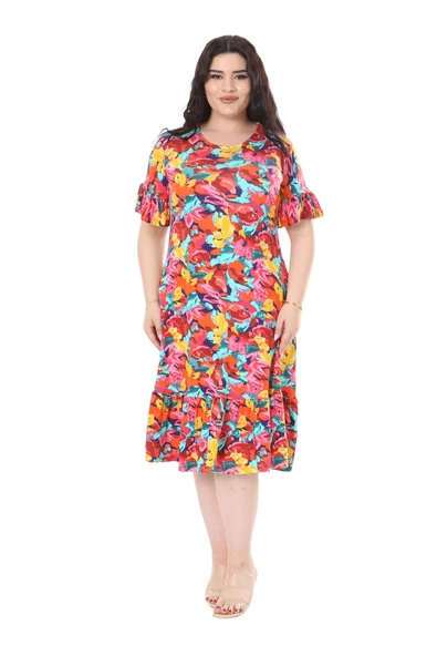 Melsay Butik Kısa Kollu Fırfırlı Cepli Sarı Gül Desenli Midi Elbise ürün görseli