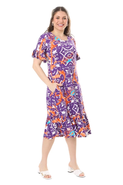 Melsay Butik Fırfırlı Cepli Kısa Kollu Mor Retro Desenli Elbise ürün görseli