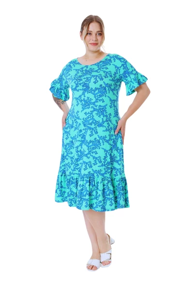 Melsay Butik Kısa Kollu Fırfırlı Cepli Turkuaz Mercan Desenli Midi Elbise - 3