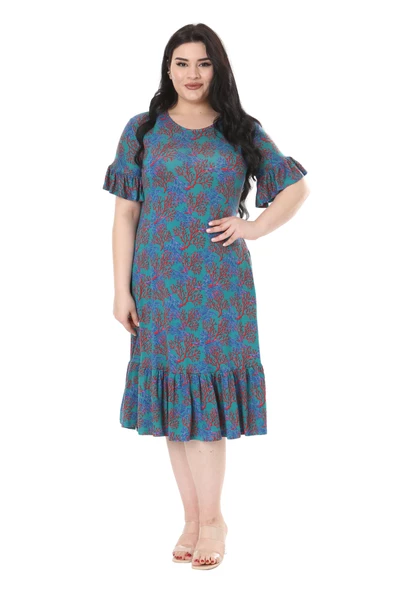 Melsay Butik Kısa Kollu Fırfırlı Cepli Mavi Küçük Mercan Desenli Midi Elbise ürün görseli