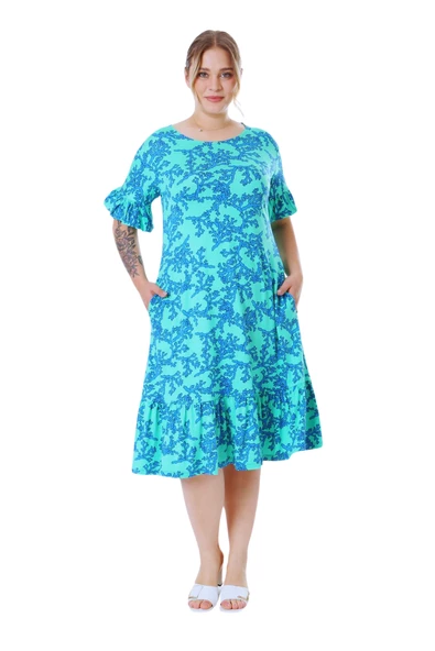 Melsay Butik Kısa Kollu Fırfırlı Cepli Turkuaz Mercan Desenli Midi Elbise - 2