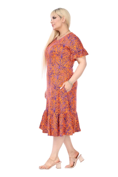 Melsay Butik Kısa Kollu Fırfırlı Cepli Turuncu Küçük Mercan Desenli Midi Elbise - Resim 4