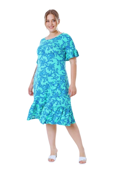 Melsay Butik Kısa Kollu Fırfırlı Cepli Turkuaz Mercan Desenli Midi Elbise - 4