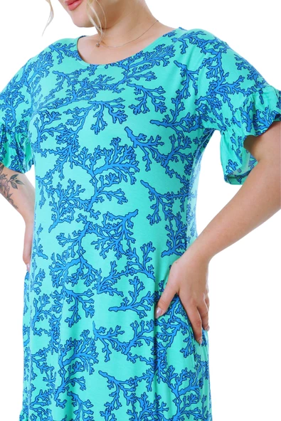 Melsay Butik Kısa Kollu Fırfırlı Cepli Turkuaz Mercan Desenli Midi Elbise - 5