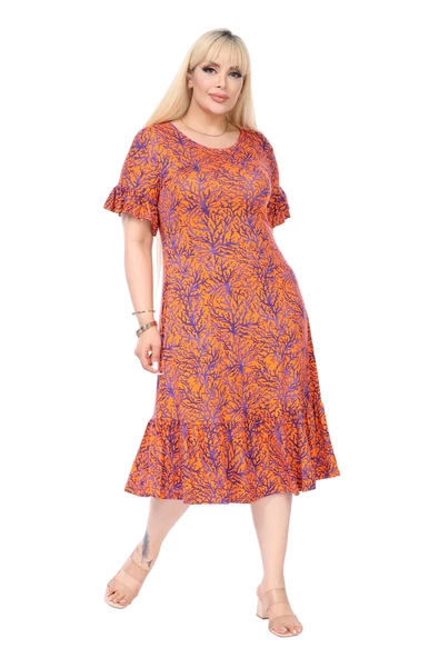 Melsay Butik Kısa Kollu Fırfırlı Cepli Turuncu Küçük Mercan Desenli Midi Elbise ürün görseli