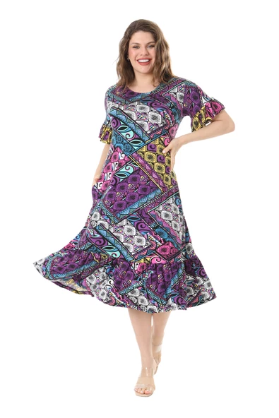 Melsay Butik Kısa Kollu Fırfırlı Cepli Mor Patchwork Desenli Midi Elbise ürün görseli