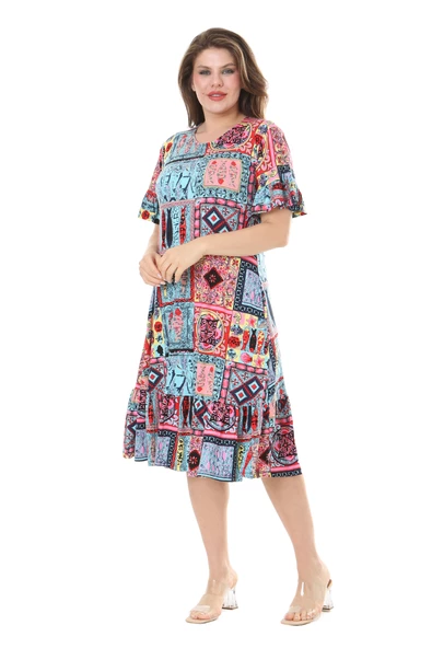 Melsay Butik Kısa Kollu Fırfırlı Cepli Mavi Çini Desenli Midi Elbise ürün görseli