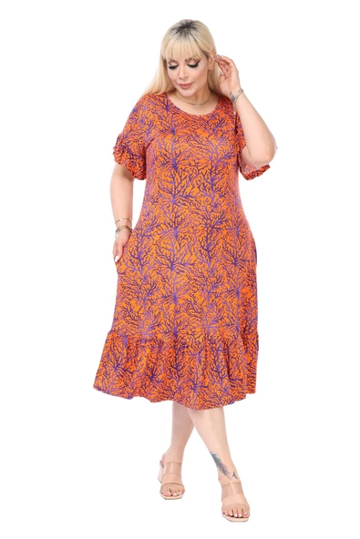 Melsay Butik Kısa Kollu Fırfırlı Cepli Turuncu Küçük Mercan Desenli Midi Elbise - Resim 2