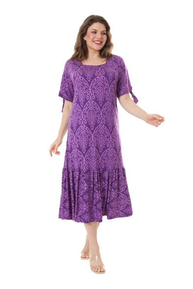 Melsay Butik Mor Dantel Desen Kolları Bağlamalı Kısa Kollu Kadın Midi Elbise