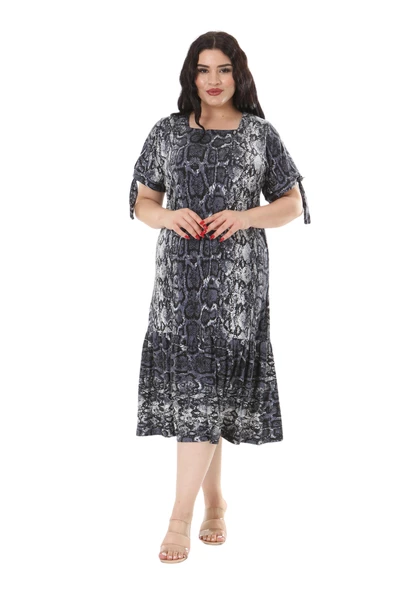 Melsay Butik Kolları Bağlamalı Gri Yılan Desen Kısa Kollu Kadın Midi Elbise - Resim 3
