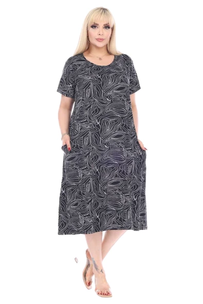 Melsay Butik Siyah Zigzag Çizgili Cepli Kısa Kol Kadın Midi Elbise - 3