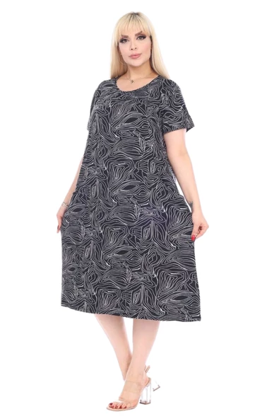 Melsay Butik Siyah Zigzag Çizgili Cepli Kısa Kol Kadın Midi Elbise - 2