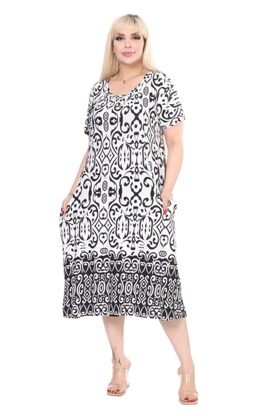 Melsay Butik Beyaz Siyah Kilim Desen Kuplu Cepli Kısa Kol Kadın Midi Elbise ürün görseli