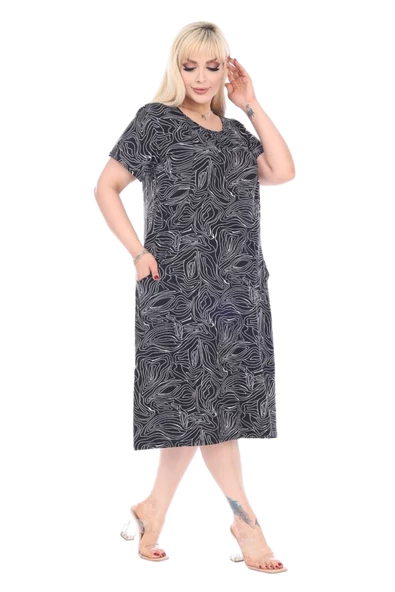 Melsay Butik Siyah Zigzag Çizgili Cepli Kısa Kol Kadın Midi Elbise - 1