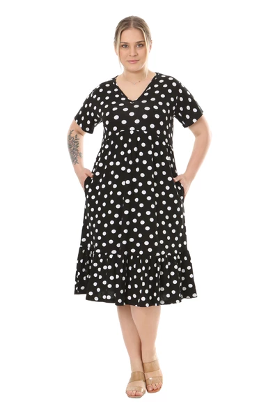 Melsay Butik Göğüsten Robalı V Yaka Kısa Kollu Siyah Puantiye Desenli Cepli Elbise - Resim 3
