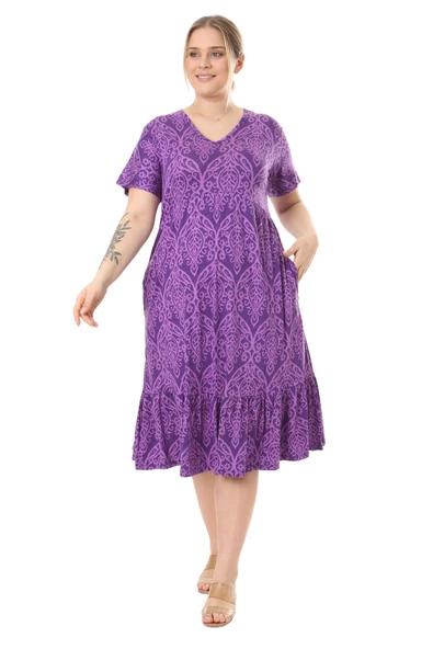 Melsay Butik Göğüsten Robalı V Yaka Kısa Kollu Mor Dantel Desenli Cepli Elbise - 1