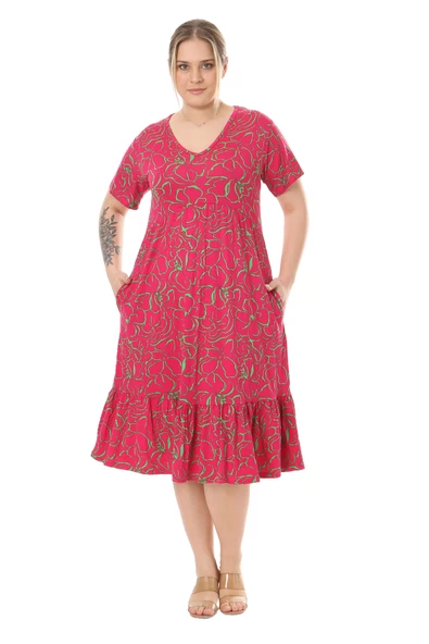 Melsay Butik Göğüsten Robalı V Yaka Kısa Kollu Pembe Çiçek Desenli Cepli Elbise - Resim 3