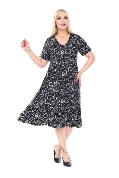 Melsay Butik Göğüsten Robalı V Yaka Kısa Kollu Siyah Çiçek Desenli Cepli Elbise - Resim 6