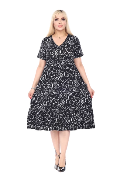 Melsay Butik Göğüsten Robalı V Yaka Kısa Kollu Siyah Çiçek Desenli Cepli Elbise - Resim 4