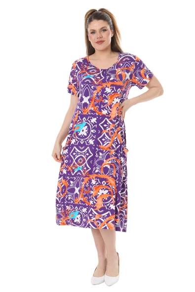 Melsay Butik Mor Retro Desen Kuplu Cepli Kısa Kol Kadın Midi Elbise - 1