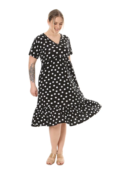 Melsay Butik Göğüsten Robalı V Yaka Kısa Kollu Siyah Puantiye Desenli Cepli Elbise - Resim 4