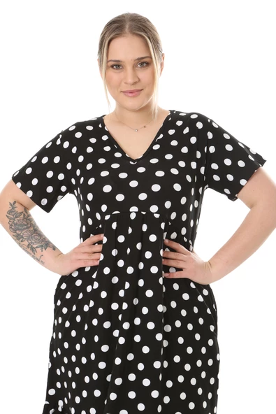 Melsay Butik Göğüsten Robalı V Yaka Kısa Kollu Siyah Puantiye Desenli Cepli Elbise - Resim 5