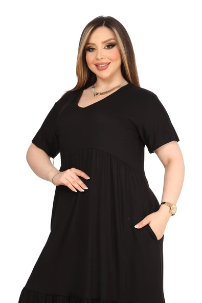 Melsay Butik Göğüsten Robalı V Yaka Kısa Kollu Siyah Cepli Elbise - Resim 4