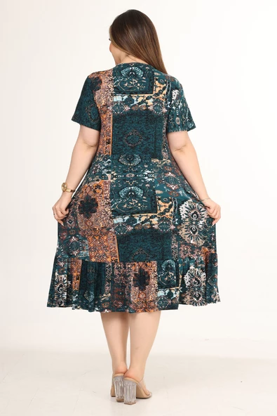 Melsay Butik Göğüsten Robalı V Yaka Kısa Kollu Yeşil Etnik Desenli Cepli Elbise - Resim 6