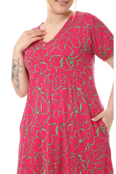 Melsay Butik Göğüsten Robalı V Yaka Kısa Kollu Pembe Çiçek Desenli Cepli Elbise - Resim 5