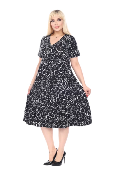 Melsay Butik Göğüsten Robalı V Yaka Kısa Kollu Siyah Çiçek Desenli Cepli Elbise - Resim 5