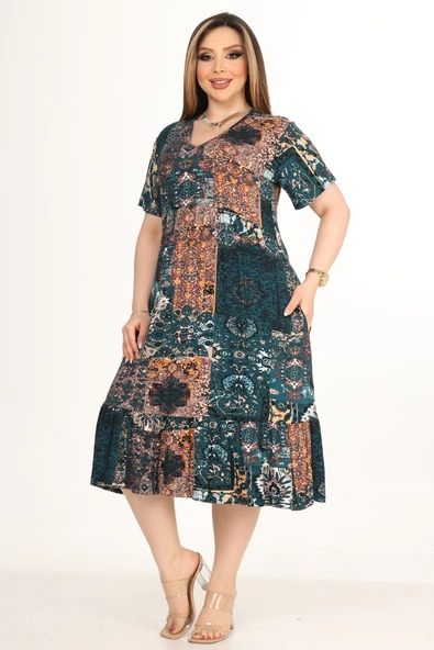 Melsay Butik Göğüsten Robalı V Yaka Kısa Kollu Yeşil Etnik Desenli Cepli Elbise ürün görseli