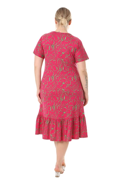 Melsay Butik Göğüsten Robalı V Yaka Kısa Kollu Pembe Çiçek Desenli Cepli Elbise - Resim 6