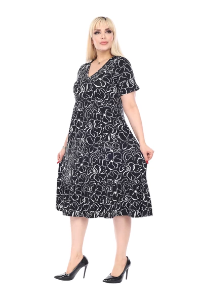 Melsay Butik Göğüsten Robalı V Yaka Kısa Kollu Siyah Çiçek Desenli Cepli Elbise - Resim 3