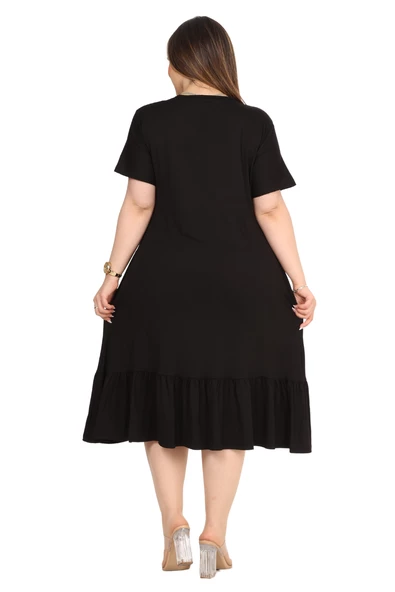 Melsay Butik Göğüsten Robalı V Yaka Kısa Kollu Siyah Cepli Elbise - Resim 6