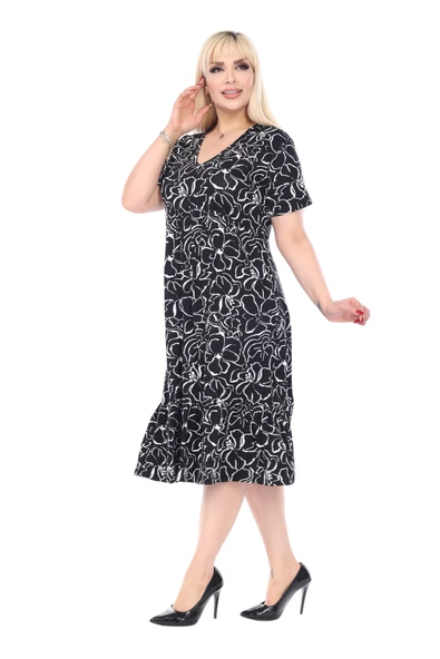 Melsay Butik Göğüsten Robalı V Yaka Kısa Kollu Siyah Çiçek Desenli Cepli Elbise - Resim 2