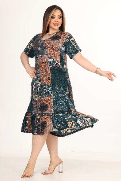 Melsay Butik Göğüsten Robalı V Yaka Kısa Kollu Yeşil Etnik Desenli Cepli Elbise - Resim 4