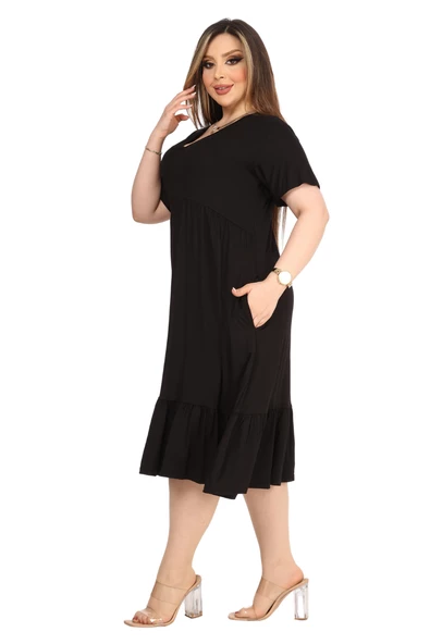 Melsay Butik Göğüsten Robalı V Yaka Kısa Kollu Siyah Cepli Elbise - Resim 2