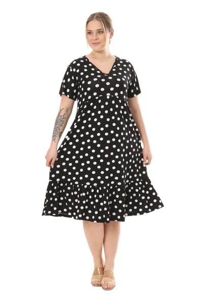 Melsay Butik Göğüsten Robalı V Yaka Kısa Kollu Siyah Puantiye Desenli Cepli Elbise - Resim 2