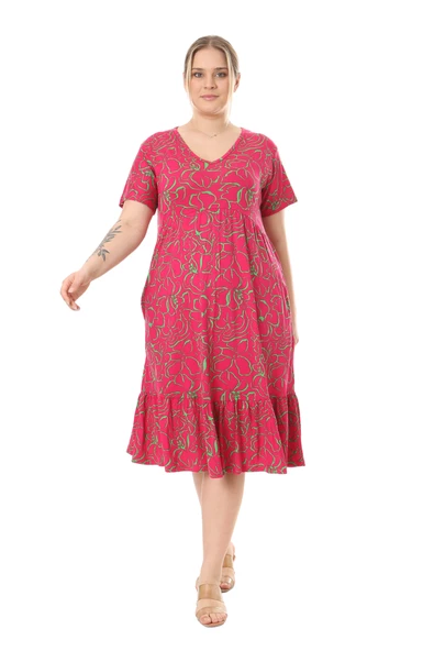 Melsay Butik Göğüsten Robalı V Yaka Kısa Kollu Pembe Çiçek Desenli Cepli Elbise - Resim 2