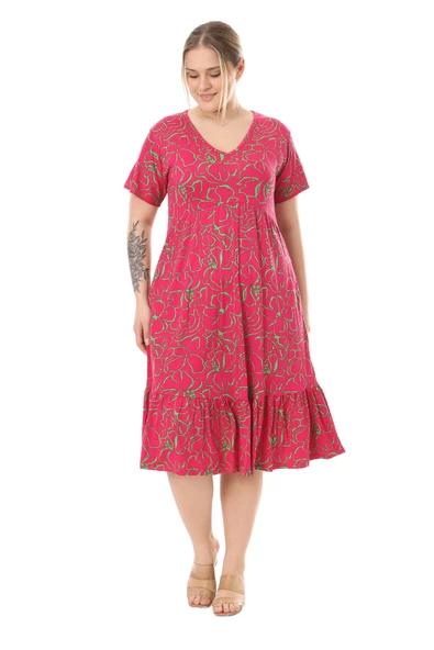 Melsay Butik Göğüsten Robalı V Yaka Kısa Kollu Pembe Çiçek Desenli Cepli Elbise - Resim 4