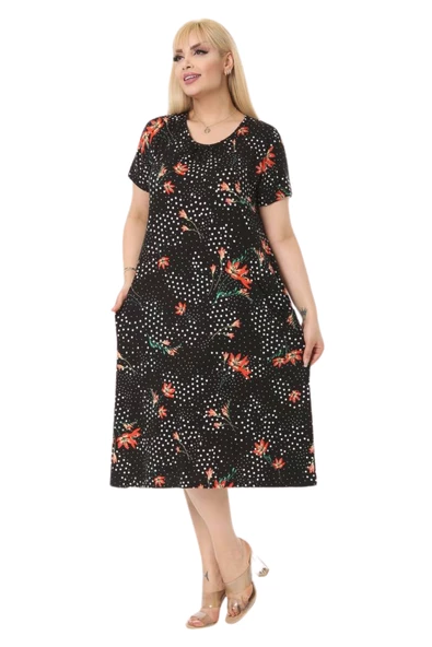 Melsay Butik Turuncu Zambak Desen Kuplu Cepli Kısa Kol Kadın Midi Elbise