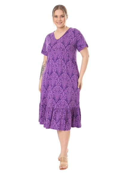 Melsay Butik Göğüsten Robalı V Yaka Kısa Kollu Mor Dantel Desenli Cepli Elbise - 3
