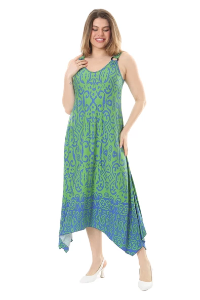 Melsay Butik Yeşil Mavi Kilim Desen Askılı V Yaka Elbise ürün görseli
