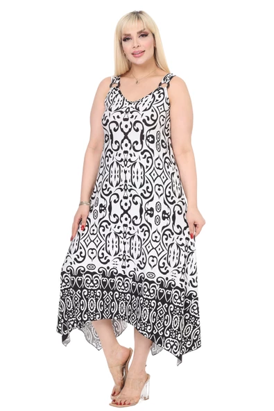 Melsay Butik Beyaz Siyah Kilim Desen Askılı V Yaka Elbise ürün görseli