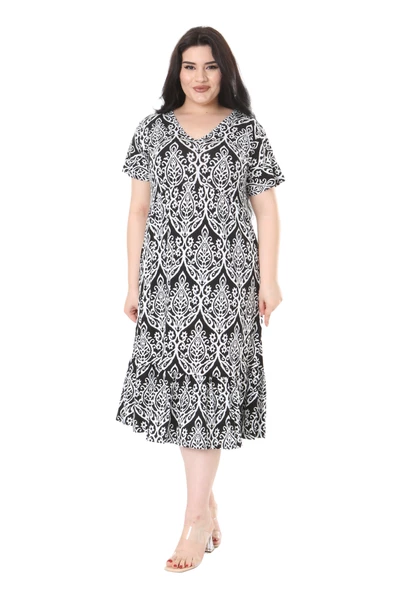 Melsay Butik Göğüsten Robalı V Yaka Kısa Kollu Beyaz Dantel Desenli Cepli Elbise - 3