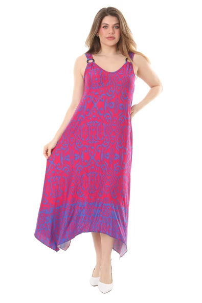 Melsay Butik Pembe Mavi Kilim Desen Askılı V Yaka Elbise ürün görseli