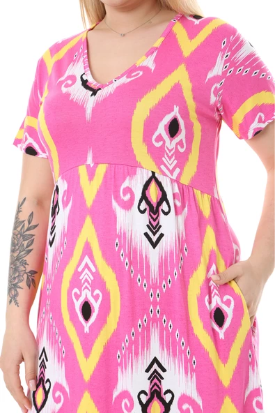 Melsay Butik Göğüsten Robalı V Yaka Kısa Kollu Pembe Motif Desenli Cepli Elbise - Resim 5