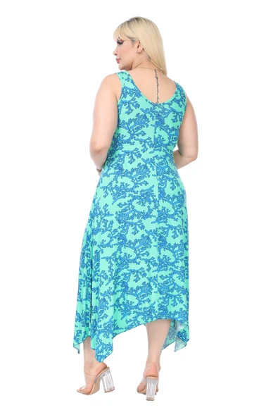 Melsay Butik Turkuaz Mercan Desen Askılı V Yaka Elbise - Resim 6